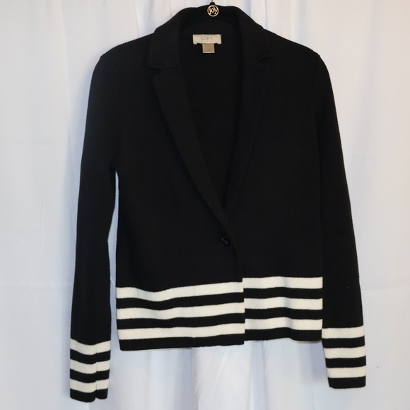 Loft Sailor Knit Jacket Black with White Stripes, One Button Front, Size XS - Picture 9 of 12